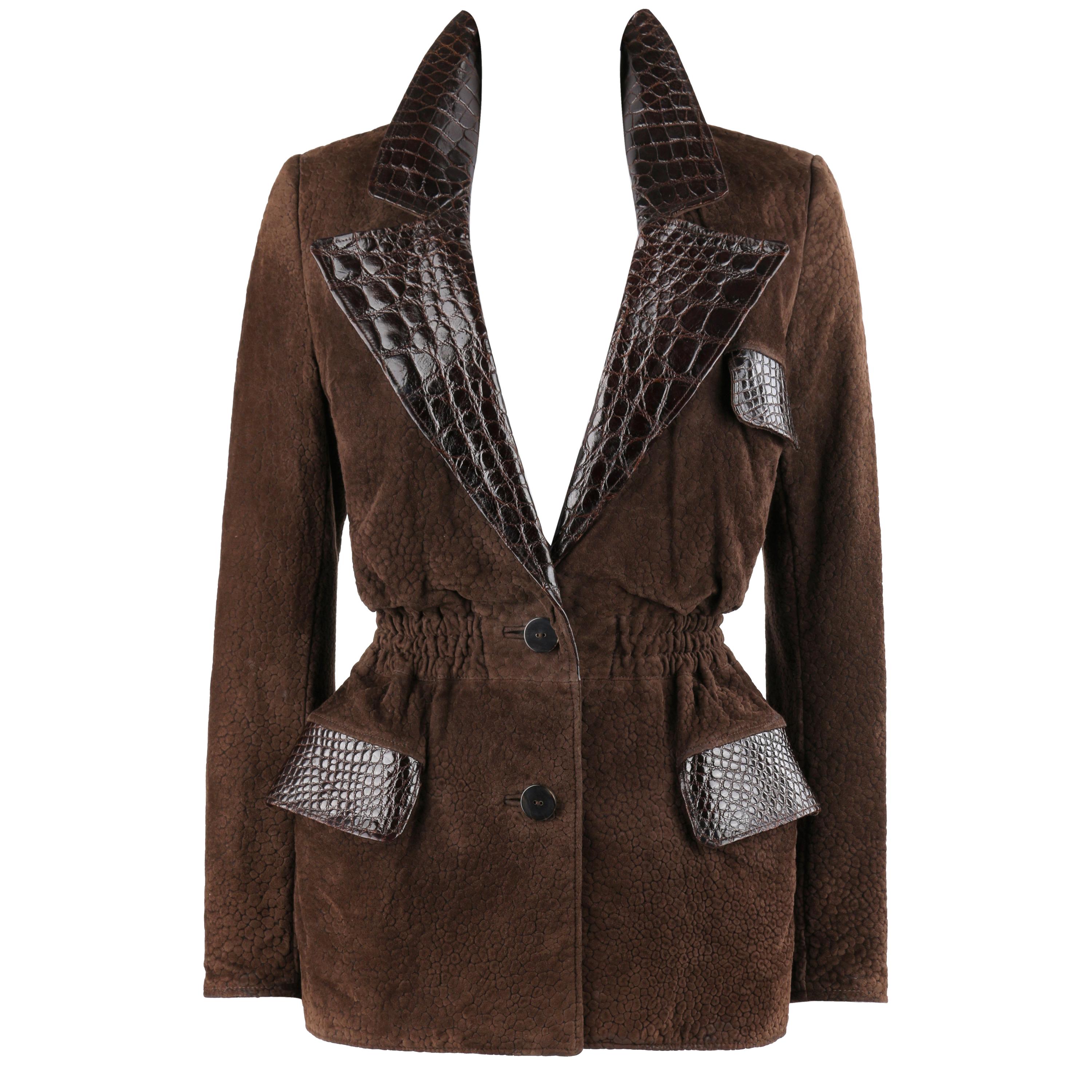 VALENTINO Couture c.1980s Brown Crocodile Suede & Leather Cinched Waist Jacket