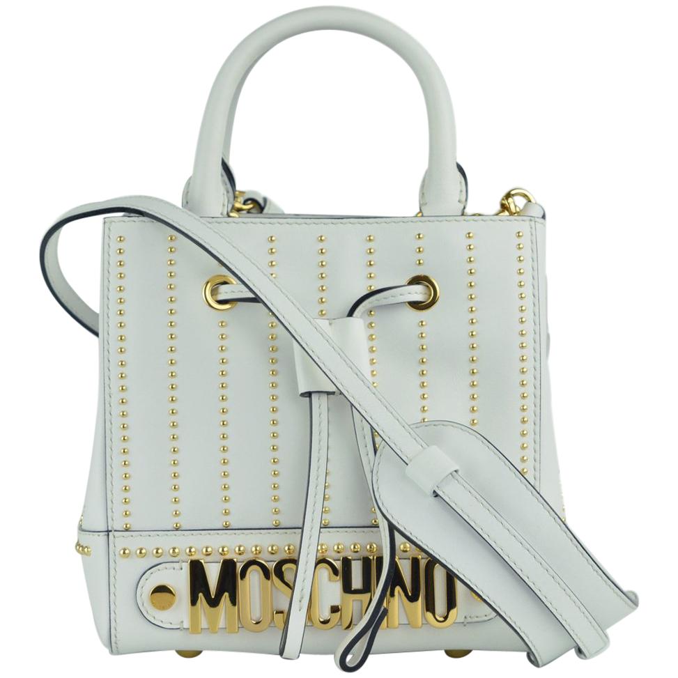 Moschino Womens White Studded Leather Drawstring Shoulder Bag For Sale