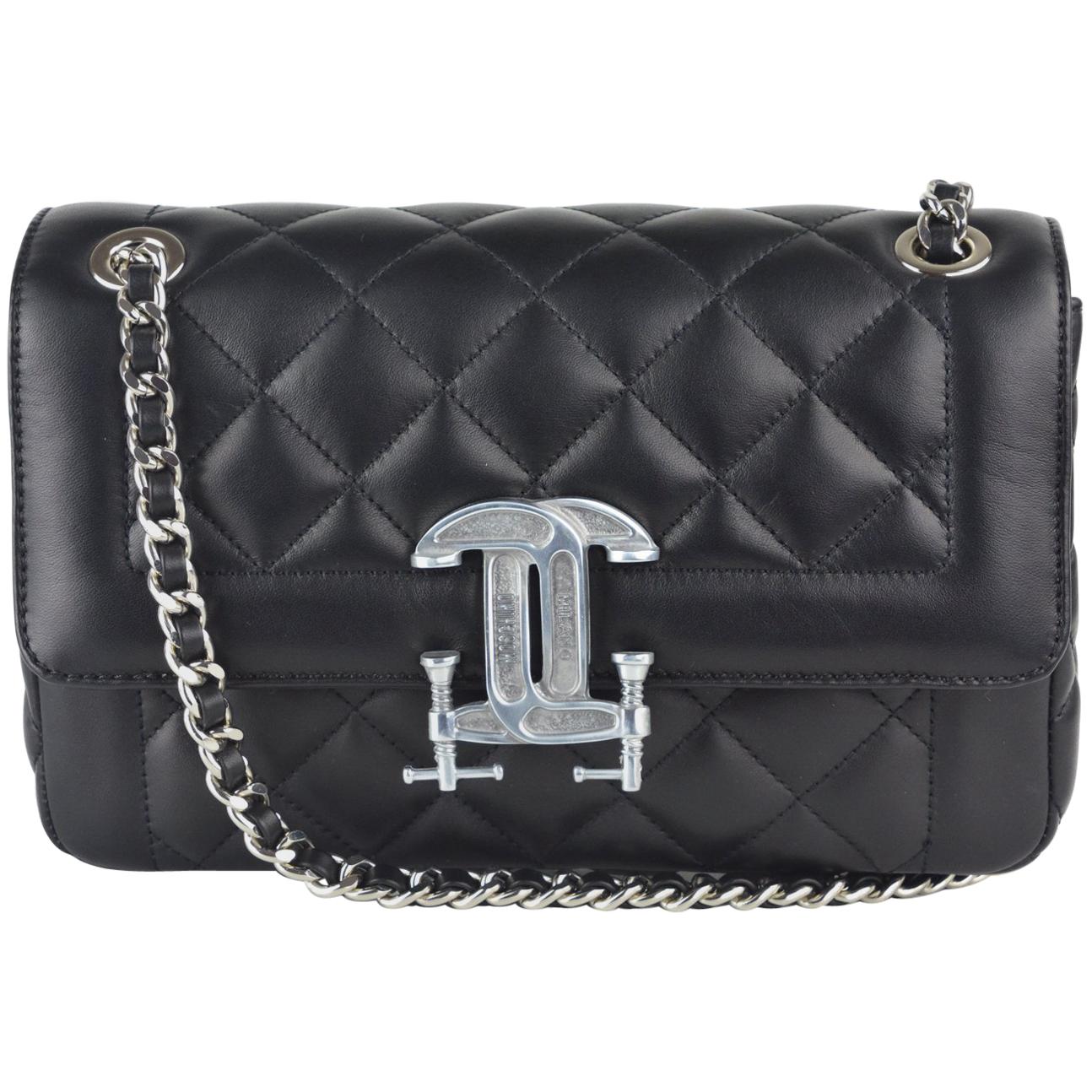 Moschino Womens Black Leather Logo Quilted Shoulder Bag For Sale