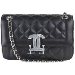Moschino Womens Black Leather Logo Quilted Shoulder Bag