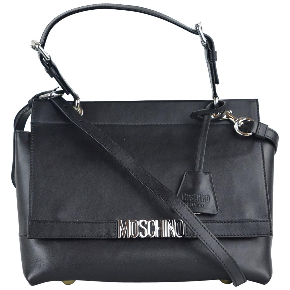Moschino Womens Black Leather Logo Flap Expandable Handbag For Sale