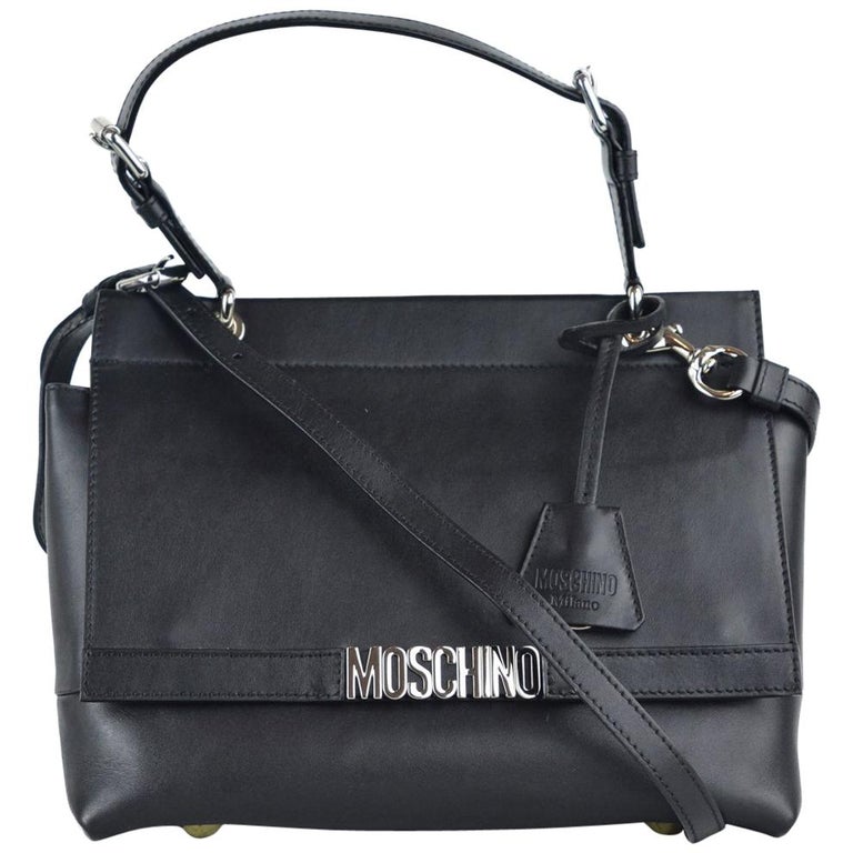 Moschino Womens Black Leather Logo Flap Expandable Handbag For Sale at ...