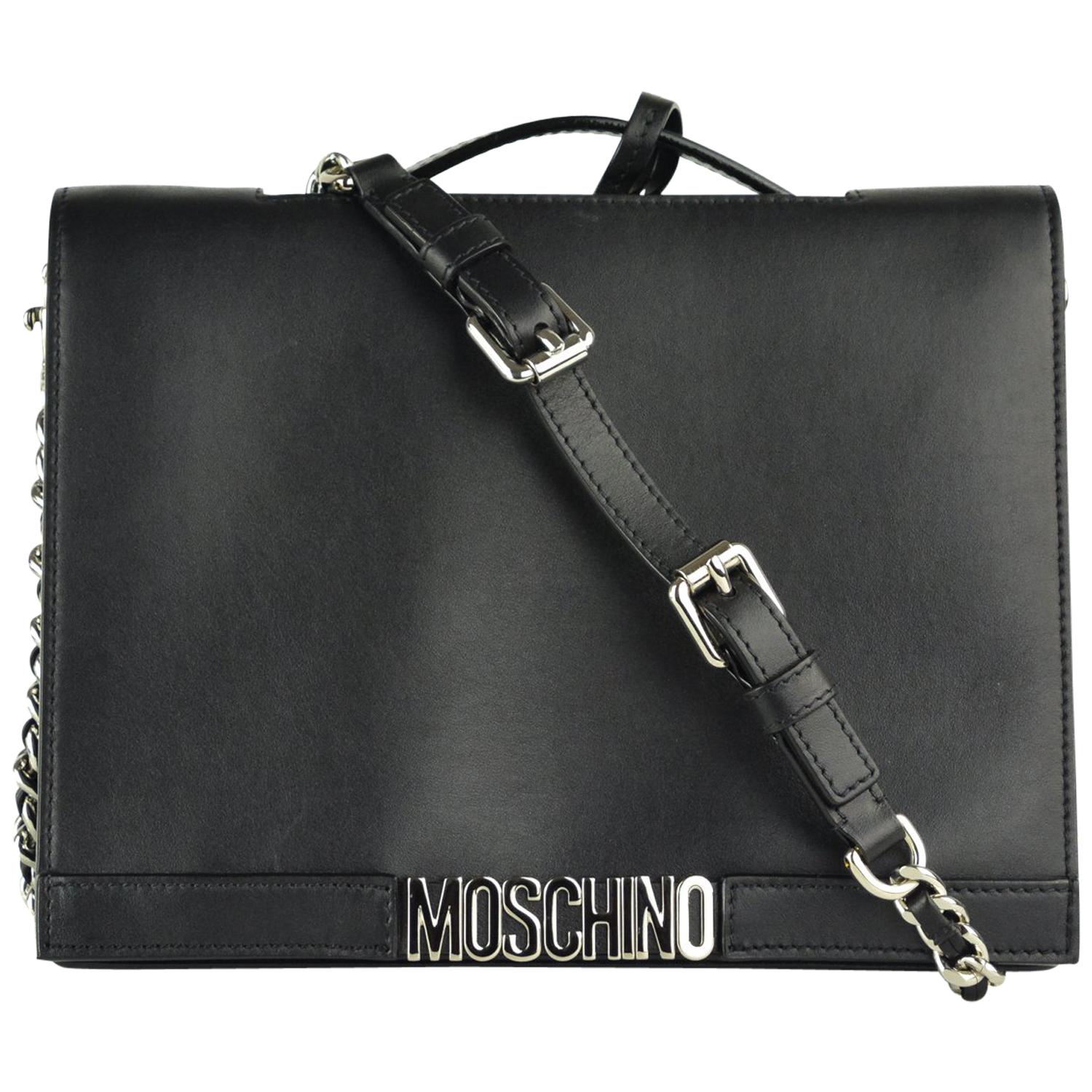 Moschino Womens Black Leather Logo Flap Shoulder Bag For Sale