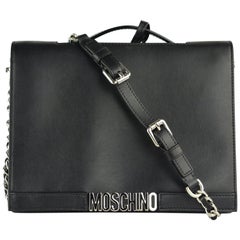 Moschino Womens Black Leather Logo Flap Shoulder Bag