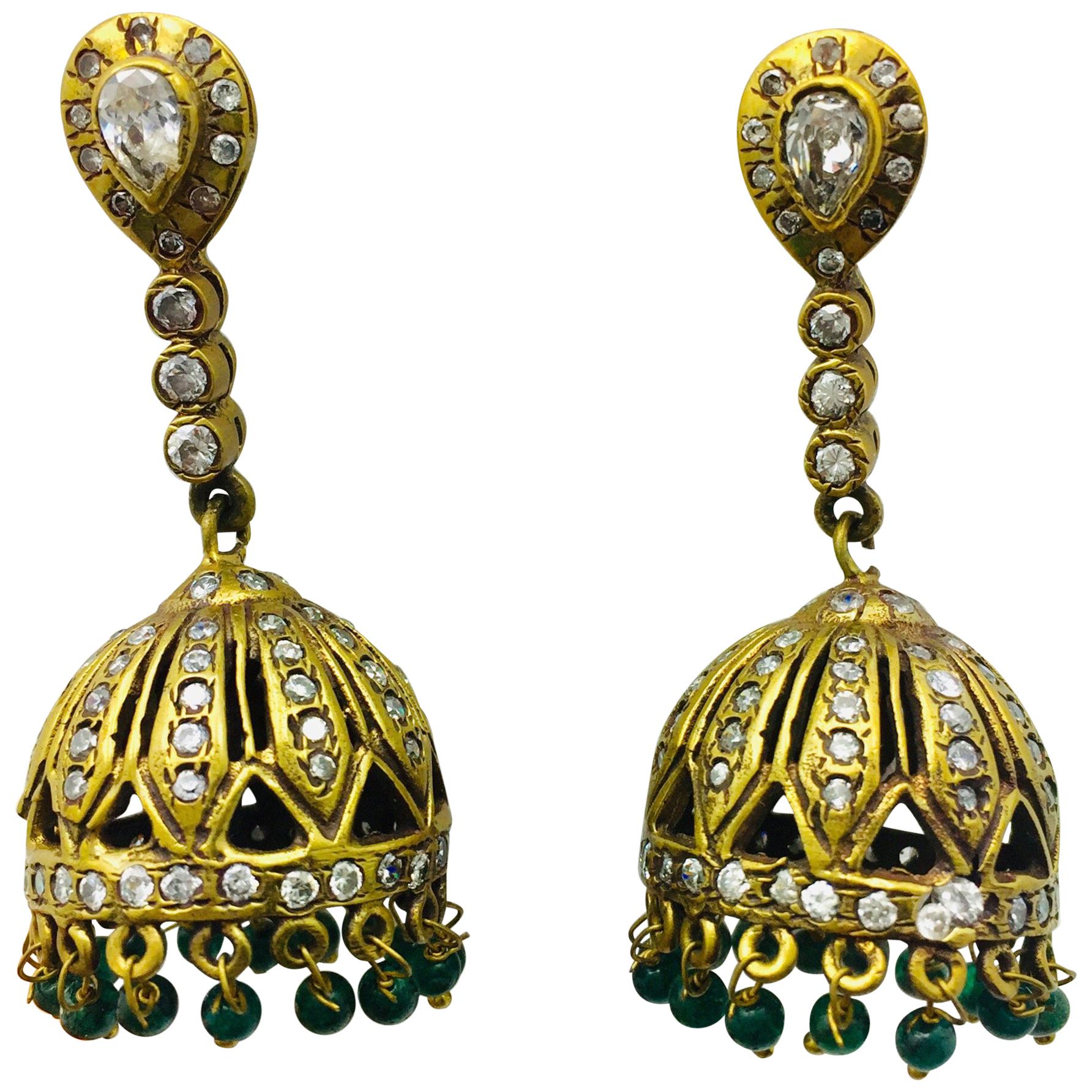 Antique Style Faux Emerald Dome Tassel Earrings