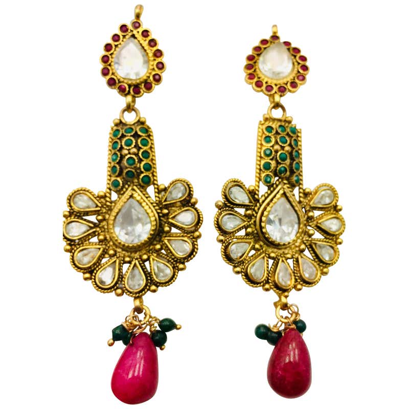Antique Byzantine Style Gold Ruby Diamond Earrings at 1stDibs