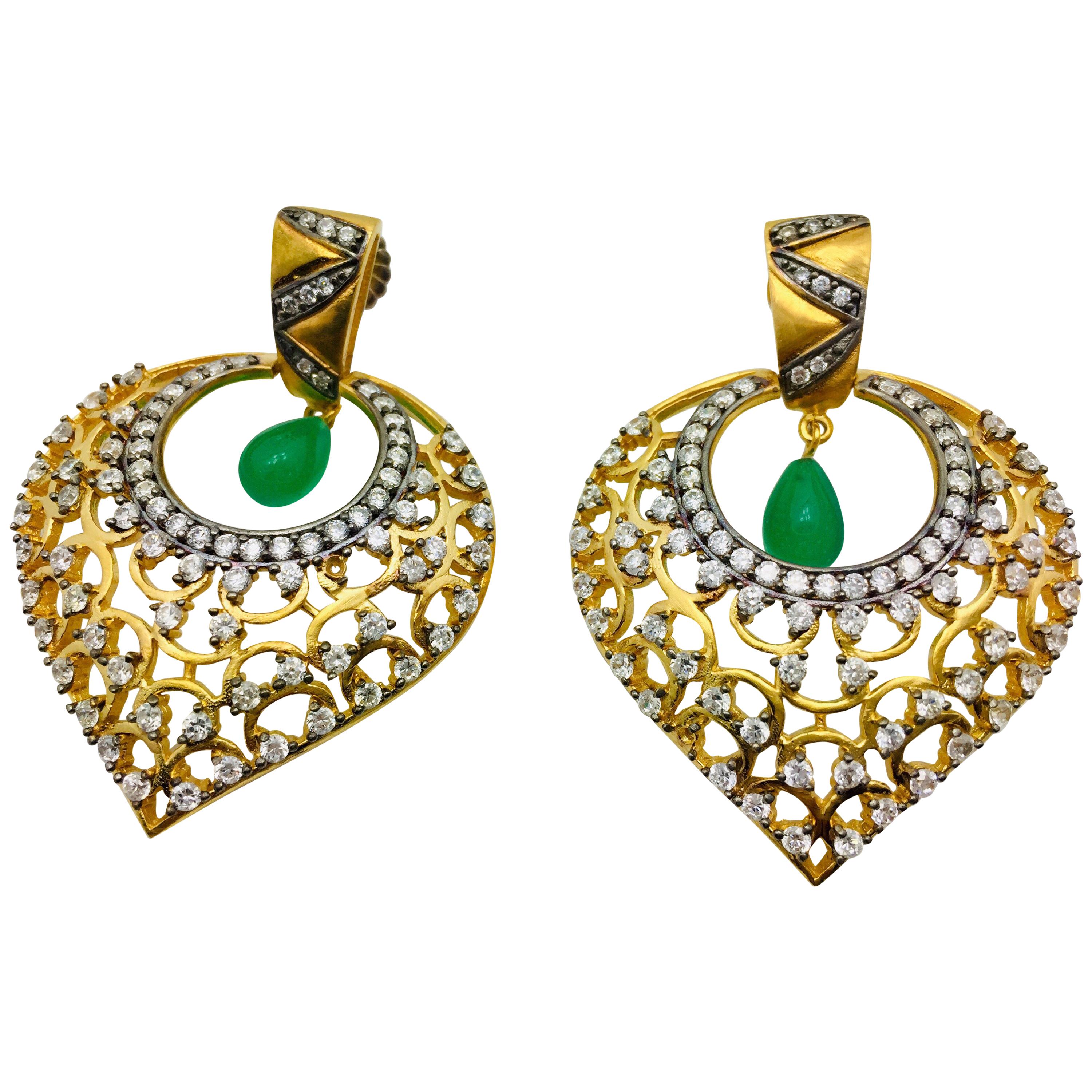 MEGHNA JEWELS Leaf Filigree Cubic Zircon Faux Emerald Earrings 