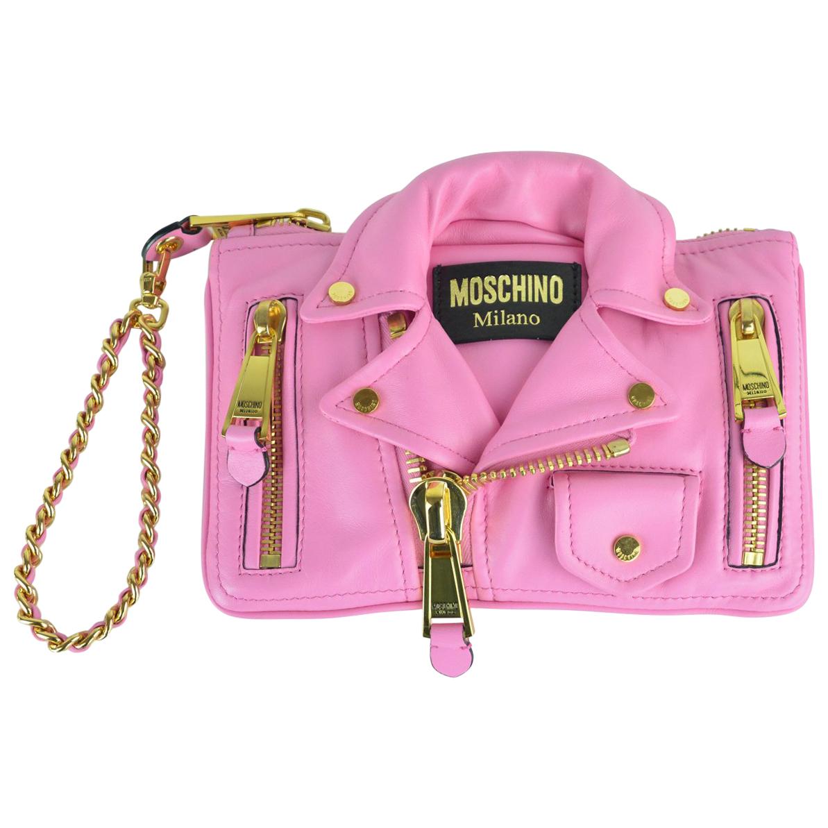 Moschino Womens Pink Leather Moto Jacket Wristlet Bag