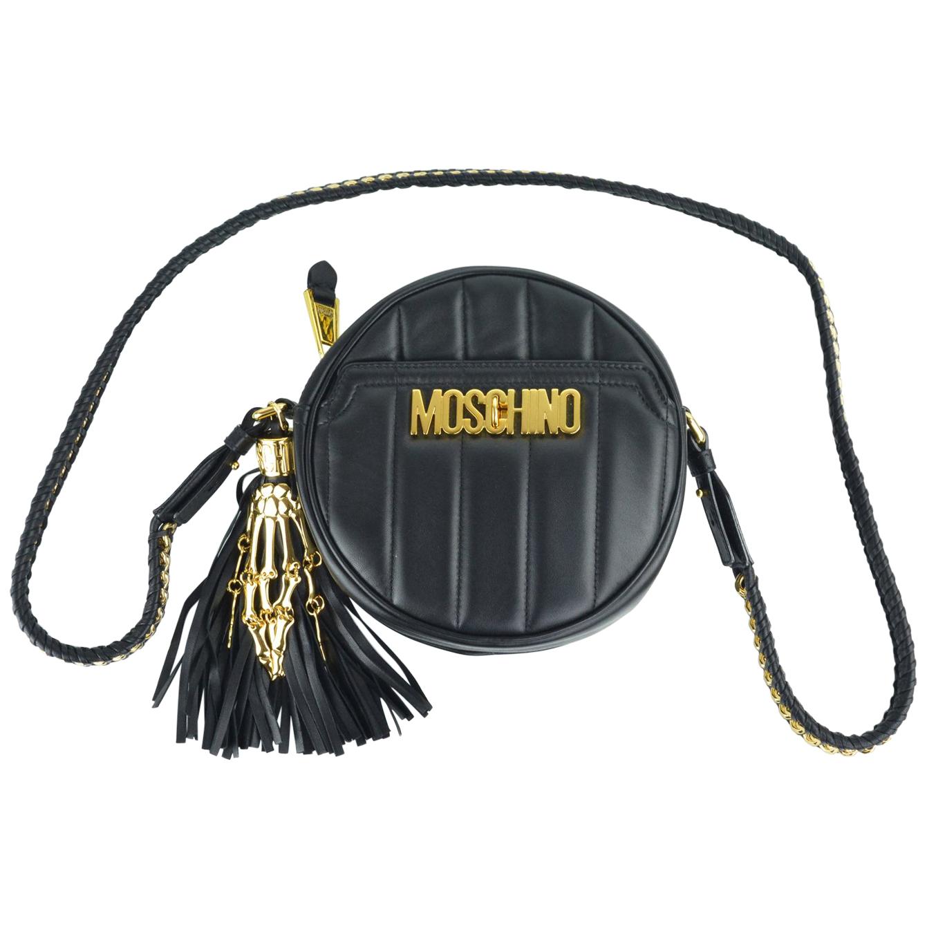 Moschino Womens Black Leather Round Quilted Shoulder Bag For Sale