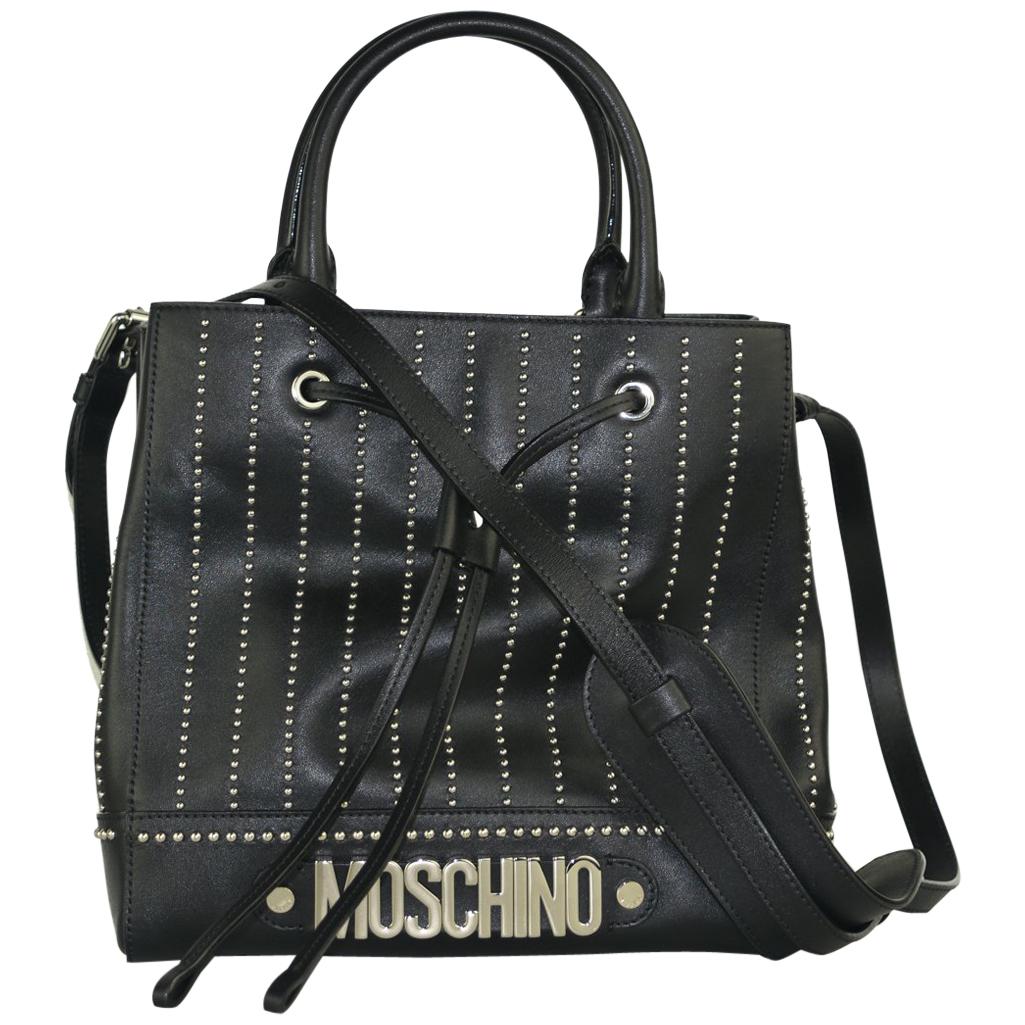 Moschino Womens Black Studded Leather Drawstring Shoulder Bag For Sale