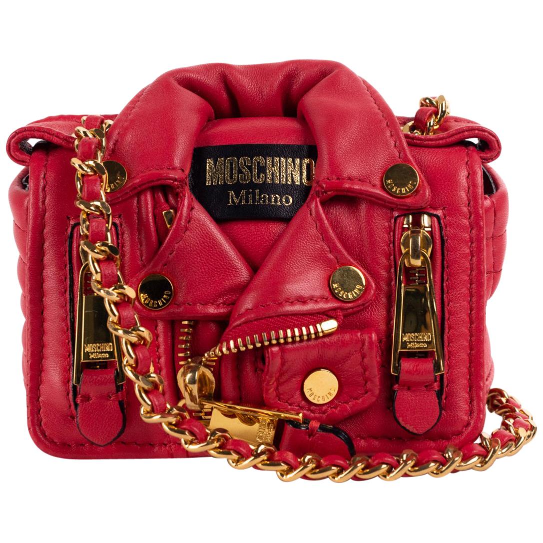 Moschino Red Leather Mini Moto Jacket Chain Shoulder Bag For Sale