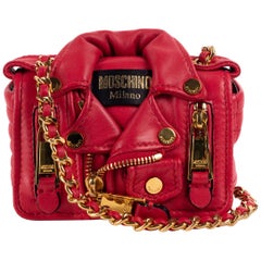Moschino Red Leather Mini Moto Jacket Chain Shoulder Bag