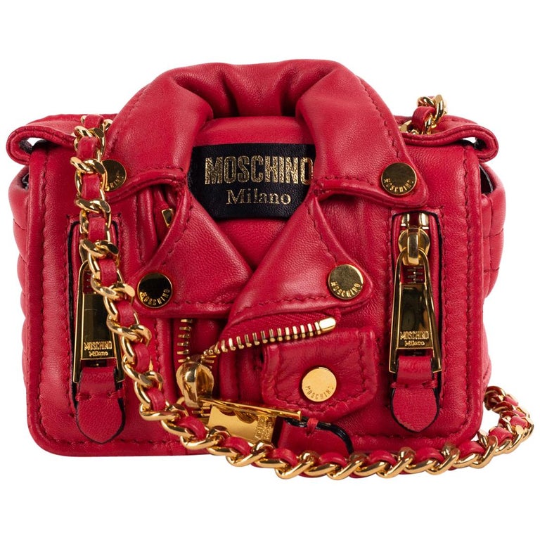 Moschino Red Leather Mini Moto Jacket Chain Shoulder Bag For Sale at ...