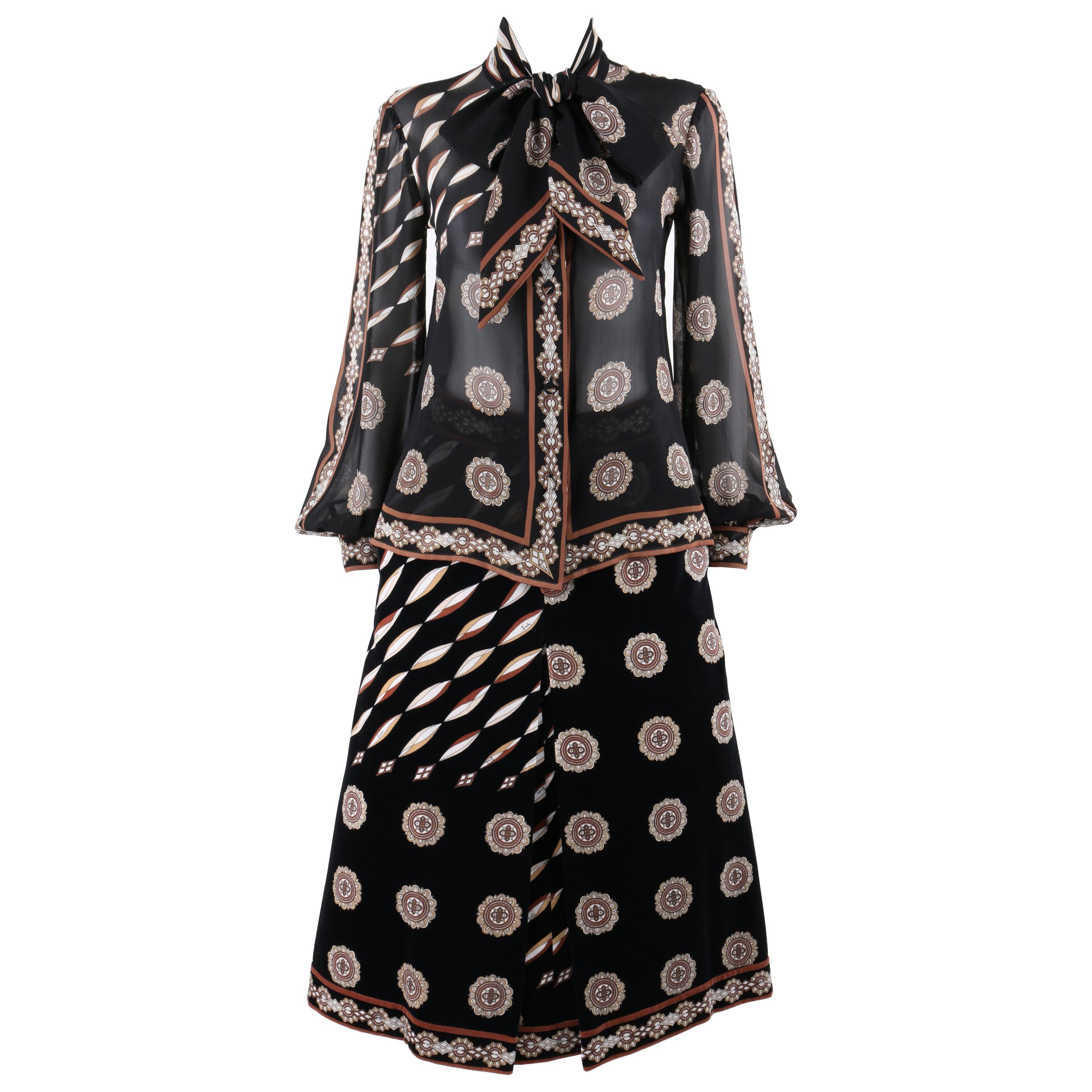 EMILIO PUCCI c.1978 2 Pc Signature Print Pussy Bow Blouse Velvet Skirt Dress Set