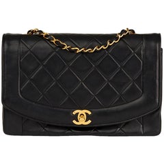 1991 Chanel Black Quilted Lambskin Vintage Medium Diana Classic Single Flap Bag