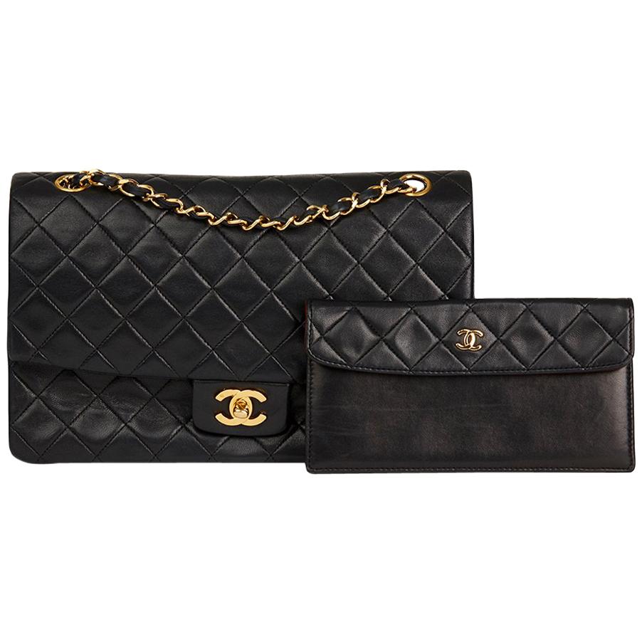 1991 Chanel Black Quilted Lambskin Tall Classic Single Flap Bag with Wallet