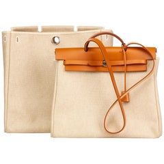 Used 2001 Hermes Natural Hunter Cowhide Leather & Beige Canvas Herbag MM 2 in 1