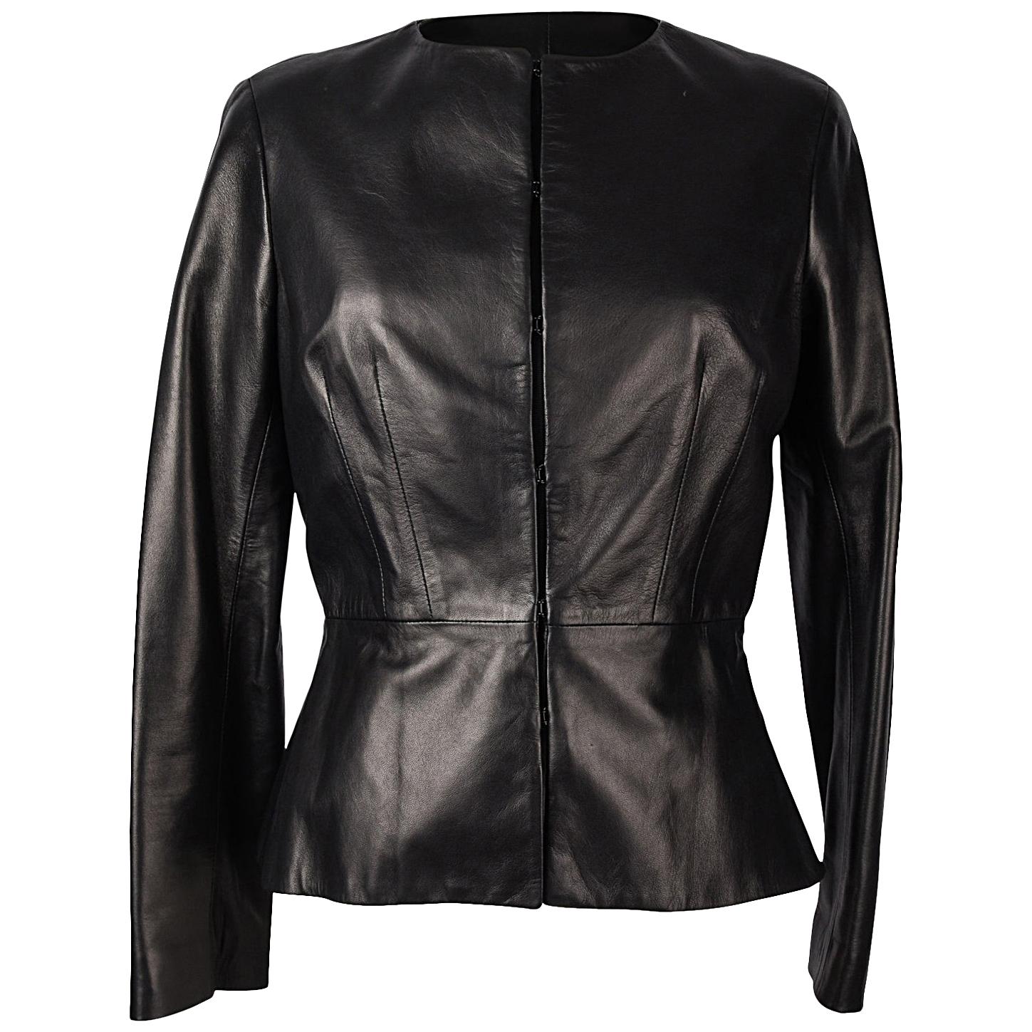 Carolina Herrera Jacket Peplum Black Lambskin Leather Feather Light 8 mint