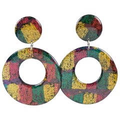 Italian Pop Art Dangling Lucite Pierced Earrings Multicolor Glitter Pattern