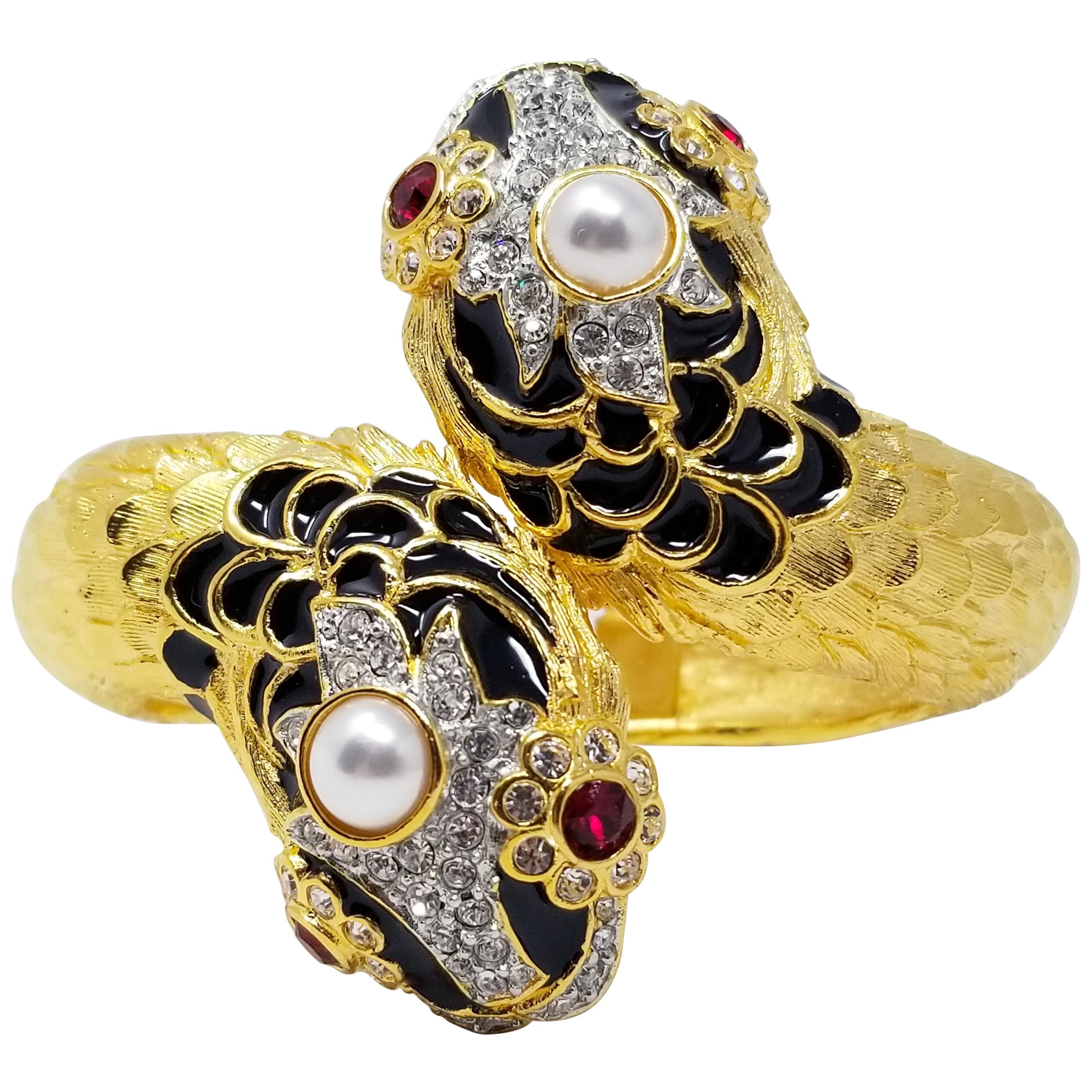 KJL Kenneth Jay Lane Double Sea Serpent Crystal Enamel Faux Pearl Gold Bracelet For Sale
