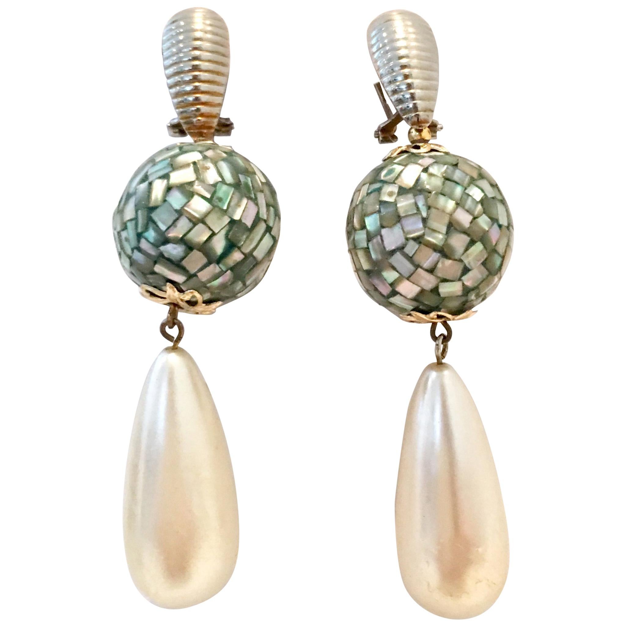 70'S Abalone Shell & Faux Pearl Drop Pierced Earrings For Sale