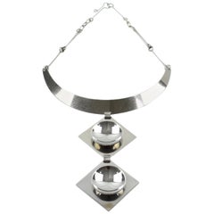 Mid Century Space Age Chrome Modernist Dog Collar Pendant Necklace