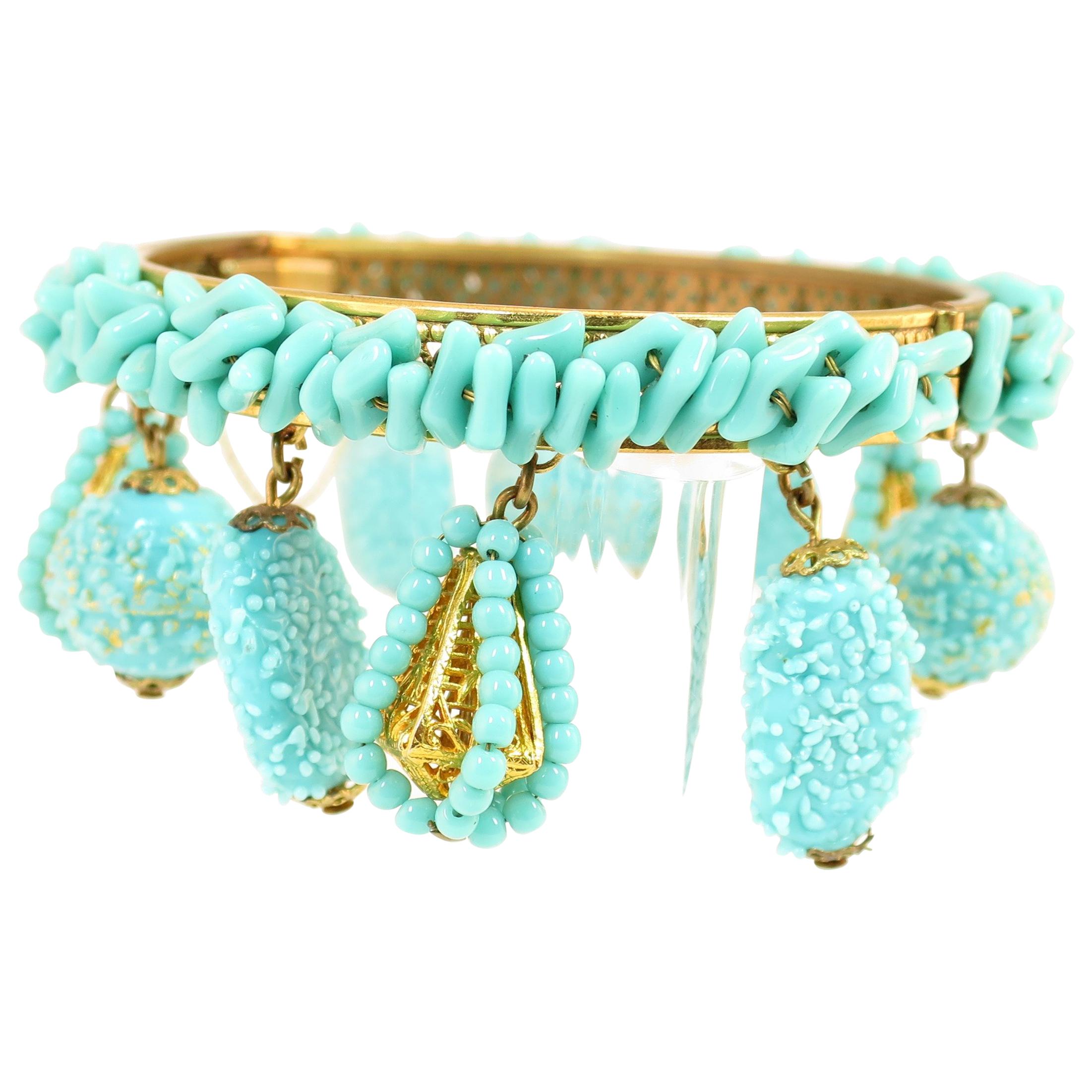 Miriam Haskell Turquoise Beaded Bangle Bracelet 1950s For Sale