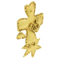 Vintage Christian Lacroix Paris Signed Large Gilt Metal Cross Pin Brooch with Charms