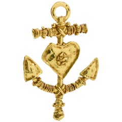 Christian Lacroix Paris Signed Large Gilt Metal Anchor Pin Brooch with Heart