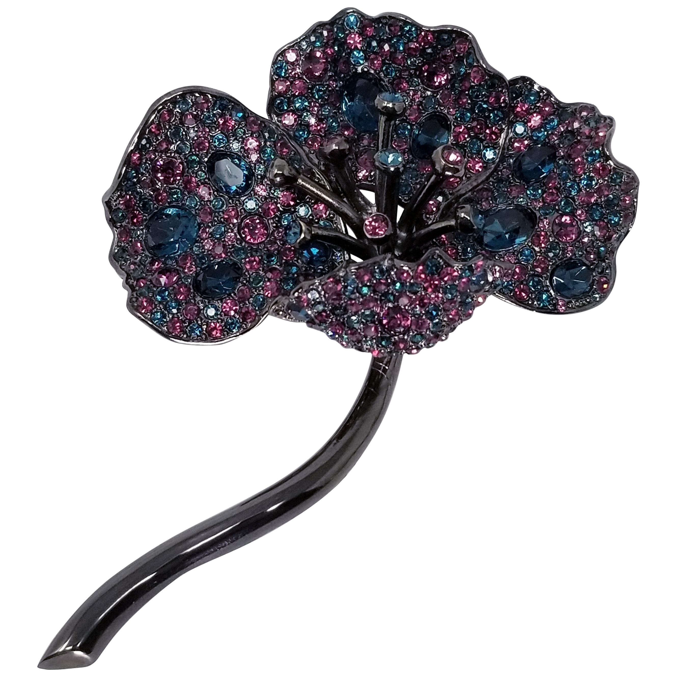 KJL Kenneth Jay Lane Pave Sapphire & Amethyst Crystal Flower Brooch in Black