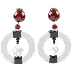 Angela Caputi Large Hoop Dangling Black and Clear Resin Clip On Earrings