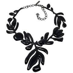 Oscar de la Renta Large Black Enamel Flower Statement Drop Necklace