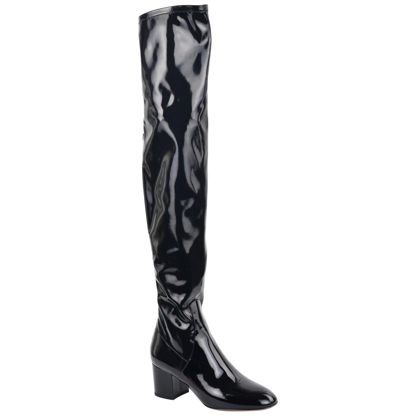 Valentino Black Patent Leather Thigh High Boots For Sale