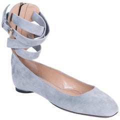 Valentino Blue Gray Suede Strappy Ankle Ballerina Flats 