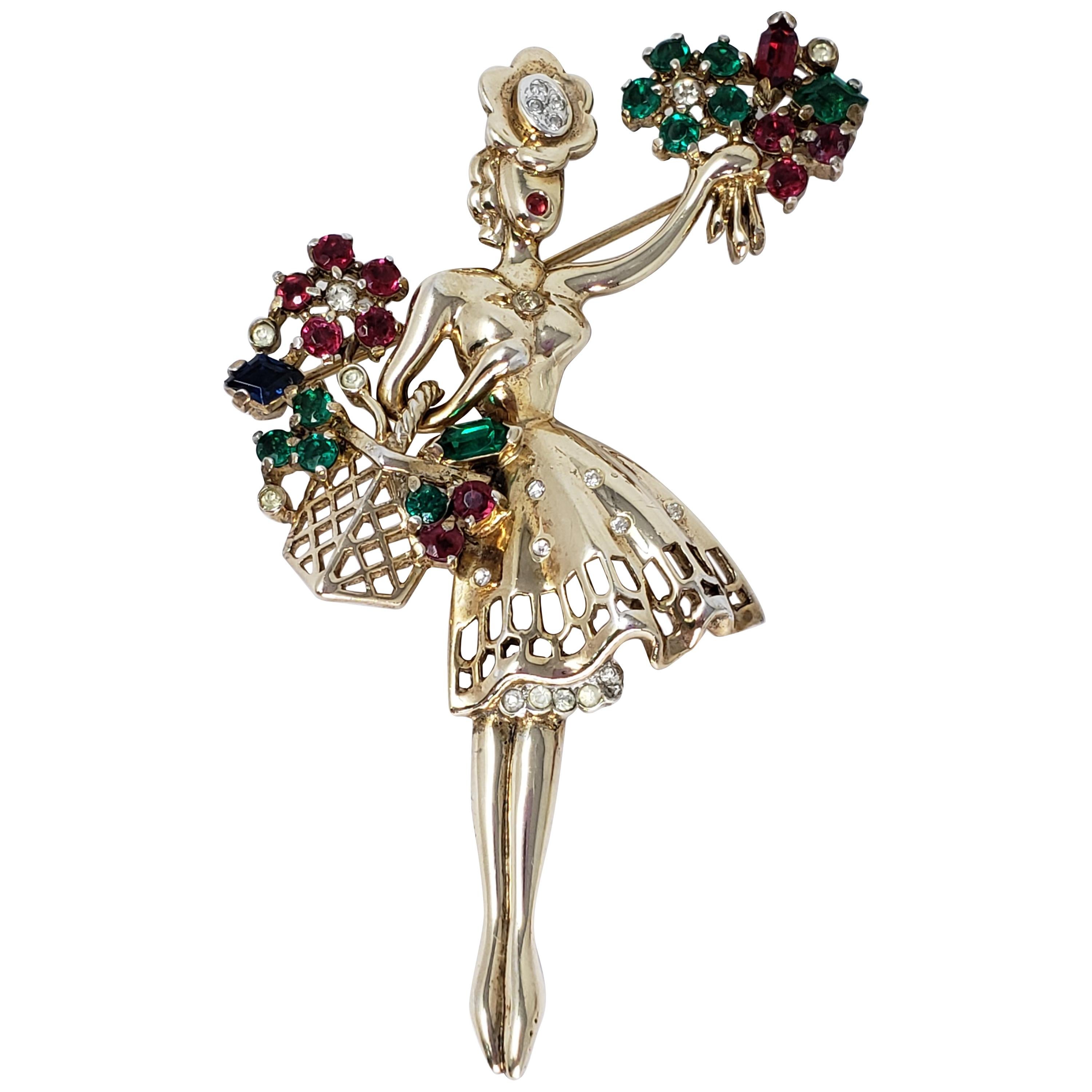 Trifari Crown 1947 Blumenmädchen Sterling Silber Brosche Pin mit Kristallen in Gold