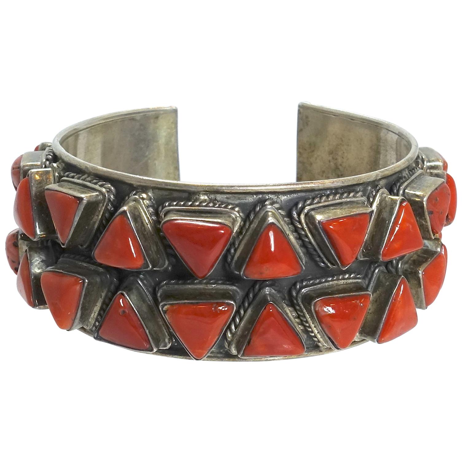 Vintage Early Zuni Pawn American Indian Blood Coral & Sterling Cuff Bracelet For Sale