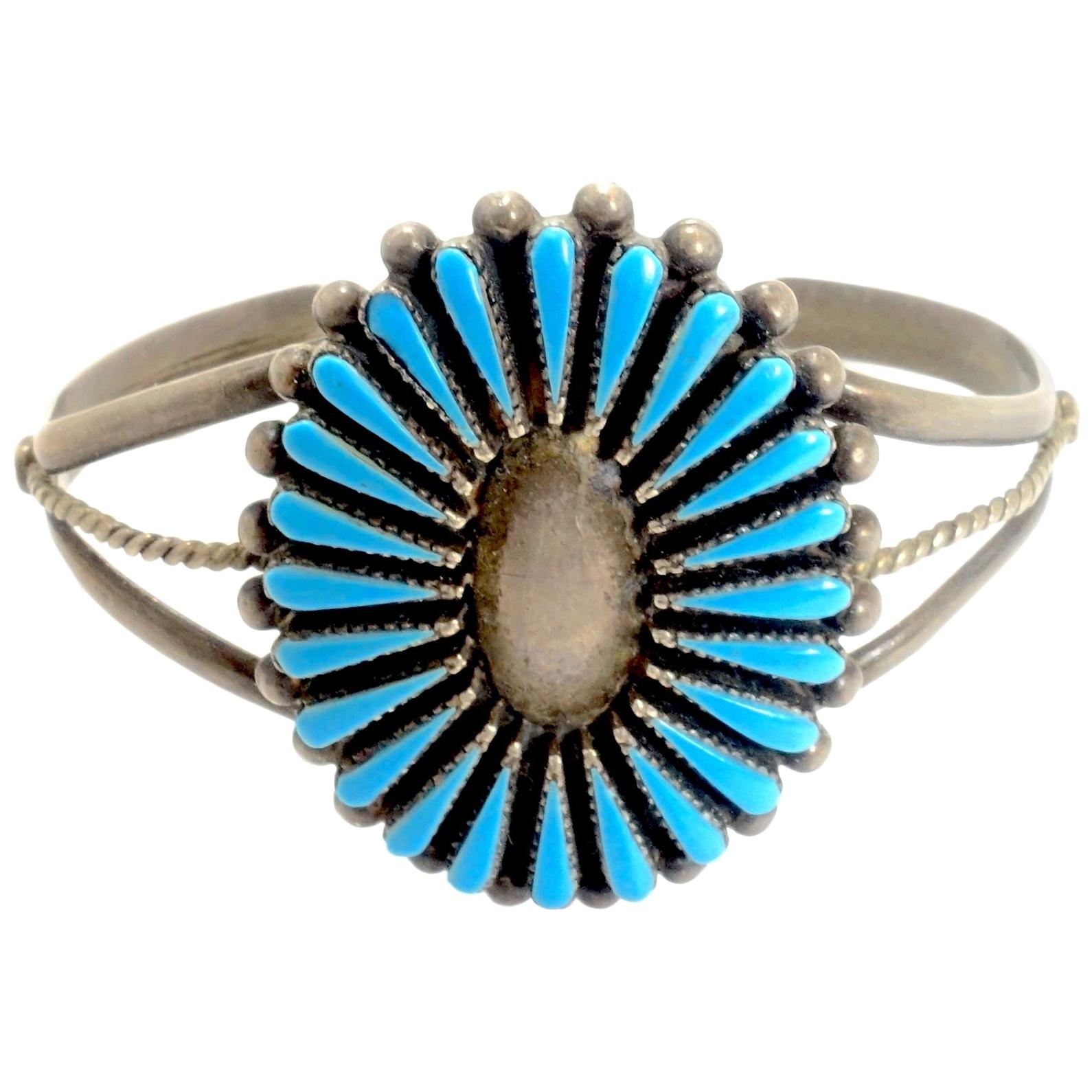 Vintage Zuni American Indian Needlepoint Turquoise Sterling Child’s Bracelet For Sale