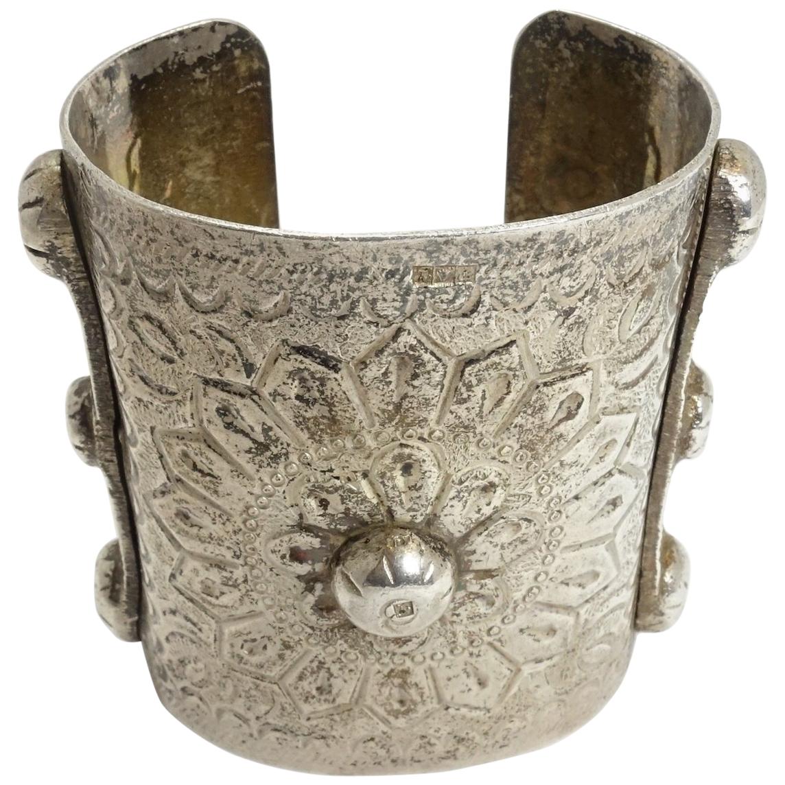Vintage Handmade Wide 5-1/2 oz Sterling Silver Heavily Carved Cuff Bracelet For Sale