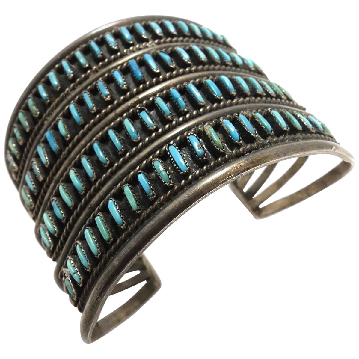 Vintage Zuni Pawn American Indian Needlepoint Turquoise & Sterling Cuff 