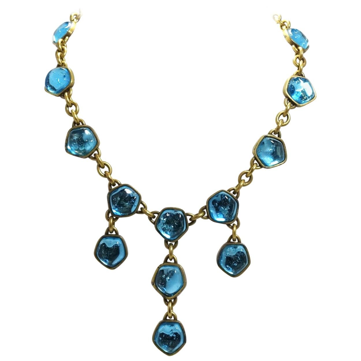 Vintage Signed Yves St. Laurent YSL Aqua Blue Poured Glass Drops Necklace
