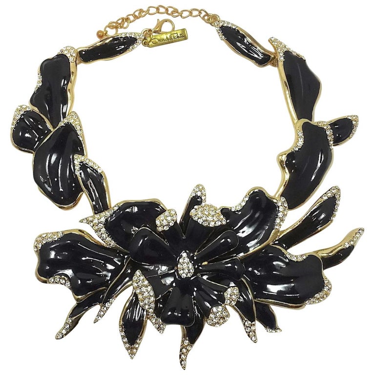 Collier Fantaisie Oscar De La Renta - Motif Floral Doré à Cristaux - Neuf Sans Emballage
