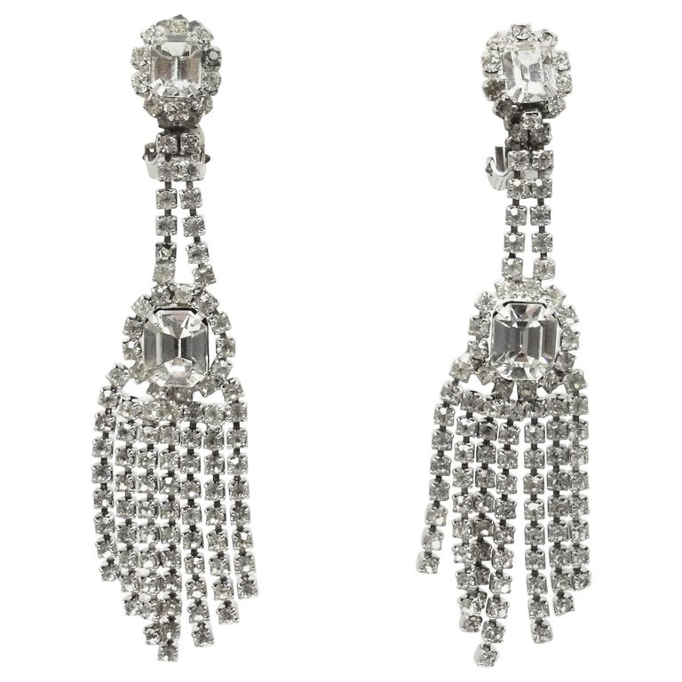 Vintage Long Clear Rhinestone Dangling Clip Earrings at 1stDibs