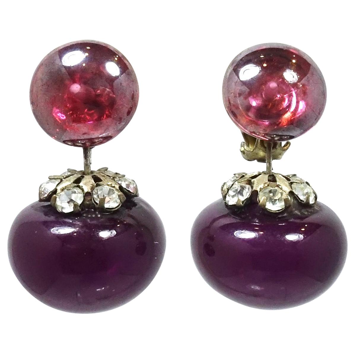 Vintage Art Deco 1920s Purple & Crystal Drops Earrings