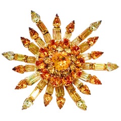 Retro 50'S Gold Plate & Austiran Cyrstal 3-D Sunburst Brooch By, Kramer