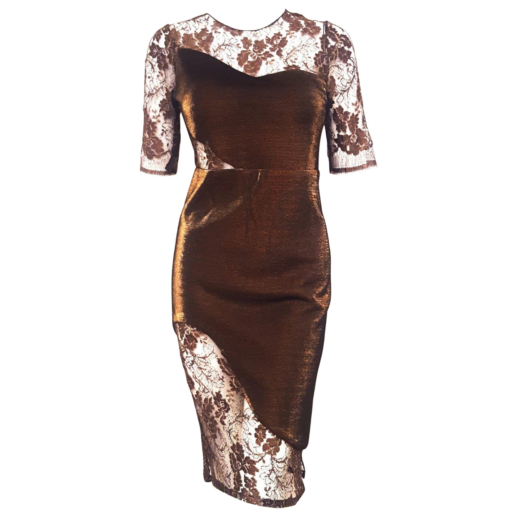 Haney Jacqueline  Bronze Lame and Lace  Mid Length Cocktail Dress For Sale