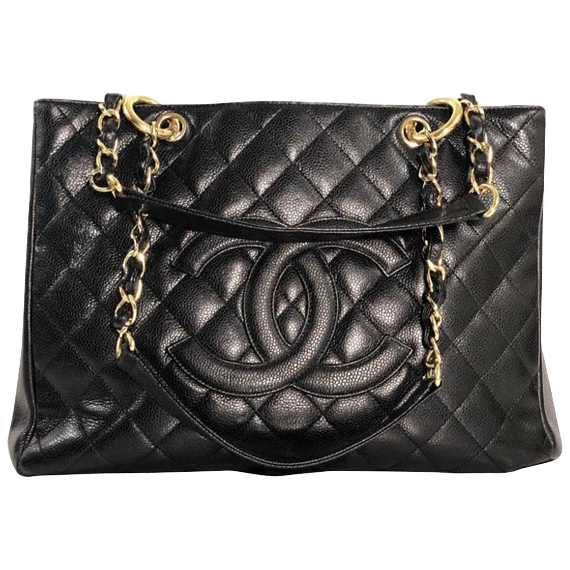Chanel Caviar Leather Grand Shopping Tote w Gold Hardware in Black Shoulder Bag For Sale