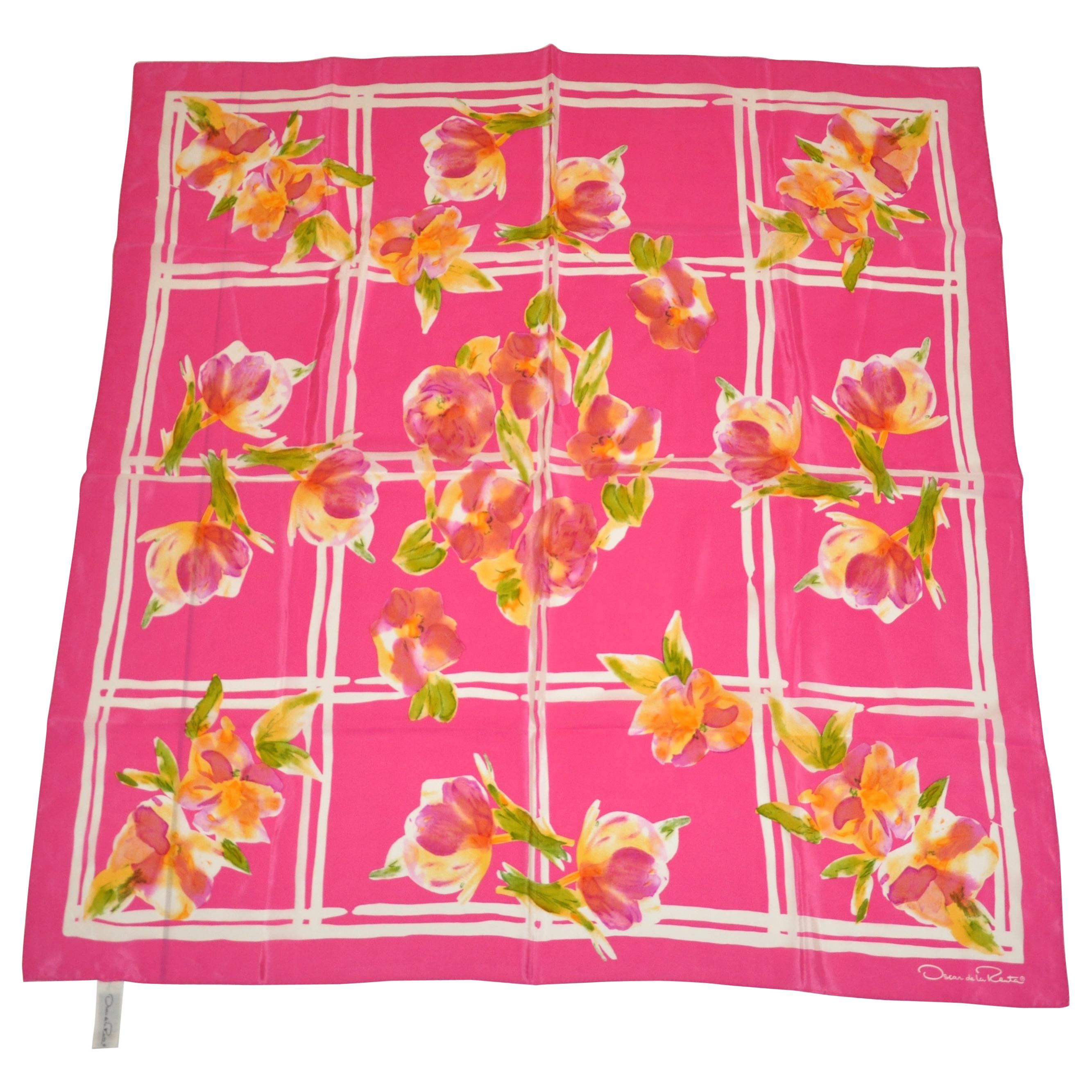 Oscar de la Renta Beautiful Shades of Fuchsia "Florals & Squares" Silk Scarf For Sale