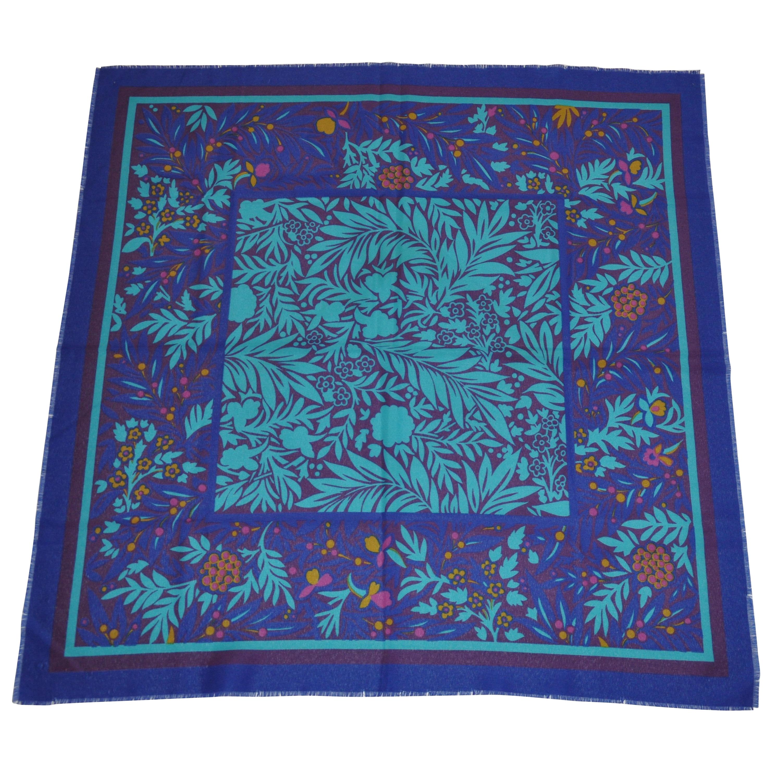 Shades of Lapis & Blues "Jungle" with Lapis Border Fringed Scarf For Sale