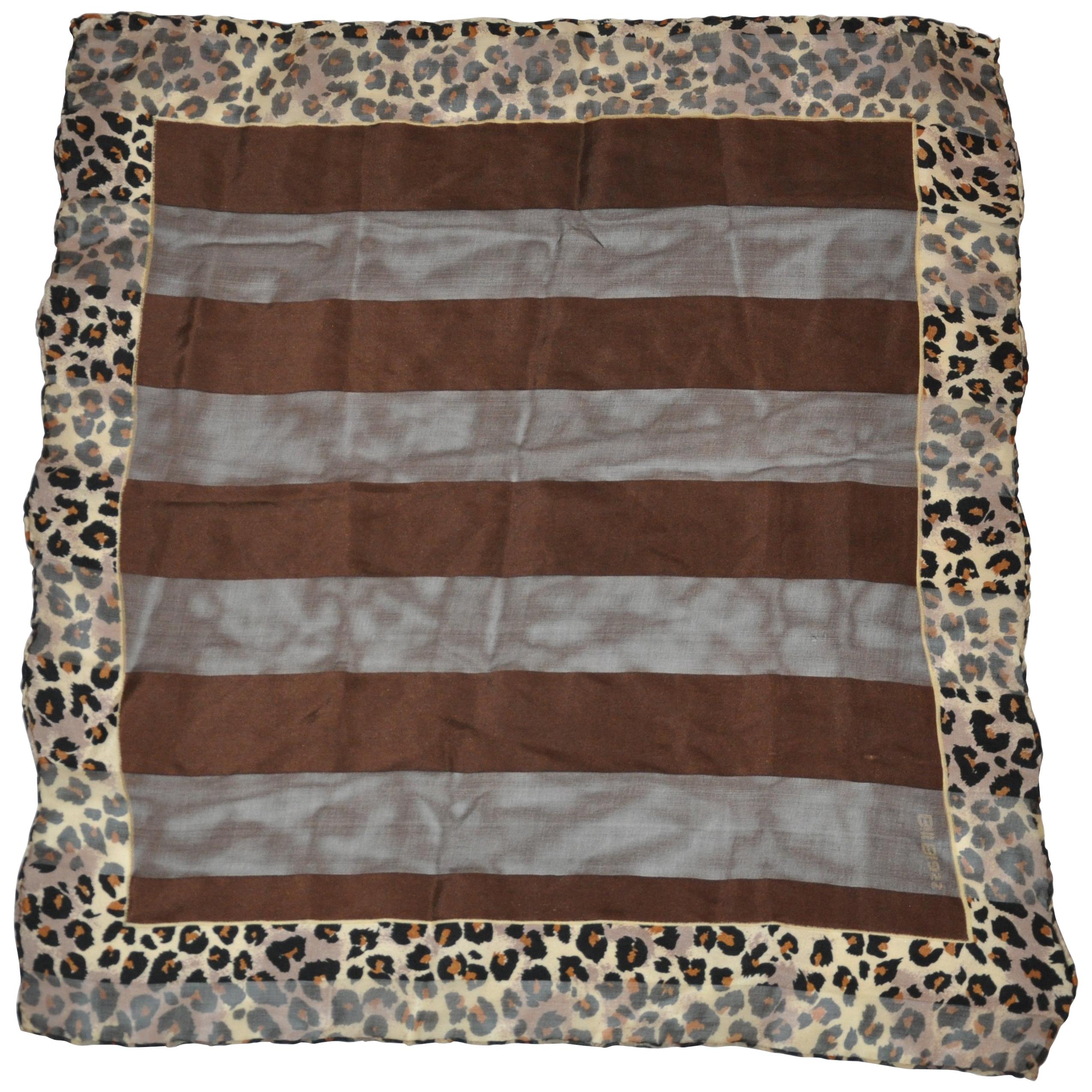 Bill Blass Coco Brown with Leopard Borders Silk and Silk Chiffon Scarf For Sale