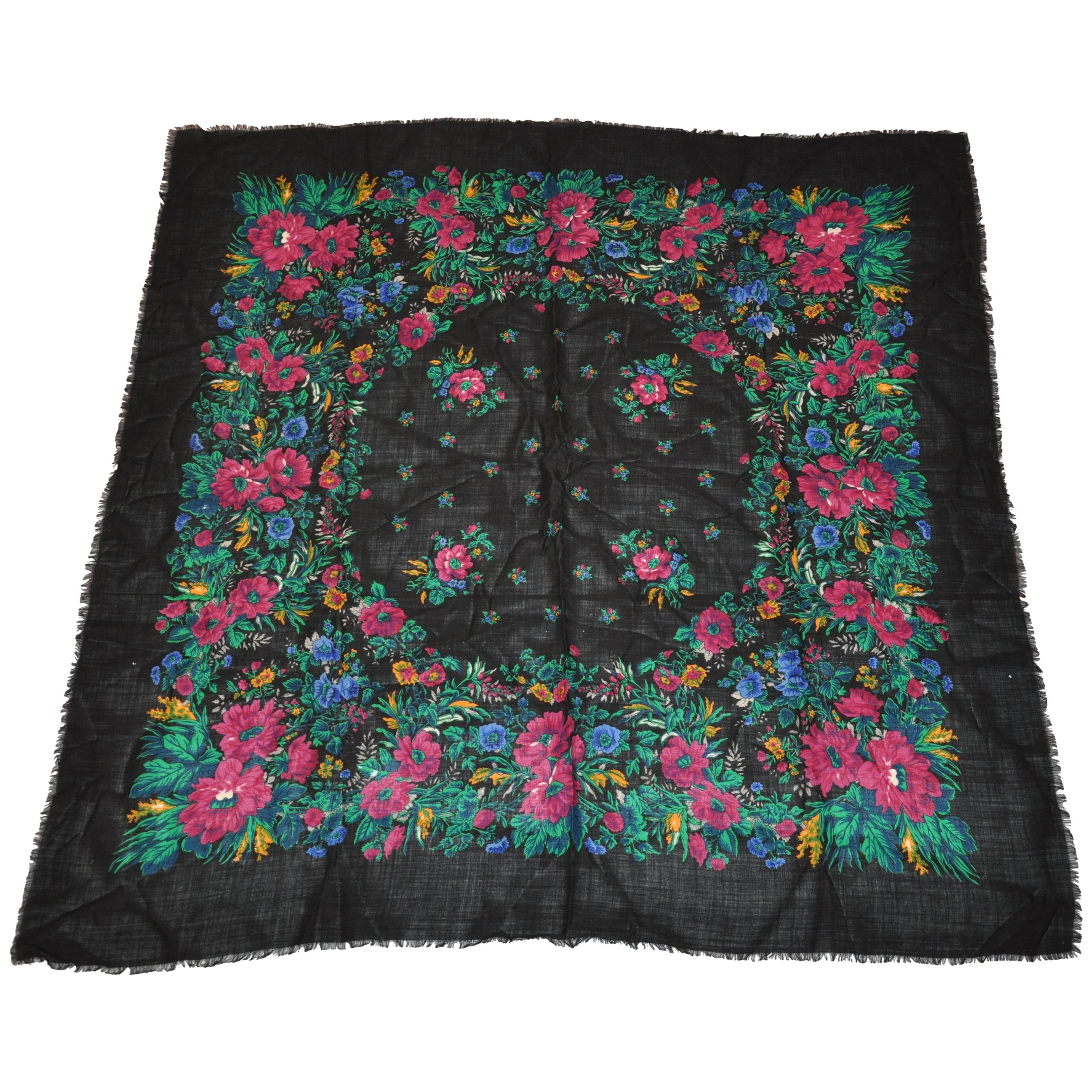 Anne Klein for Saks Fifth Avenue Huge Multicolor "Winter Florals" Fringed Scarf For Sale